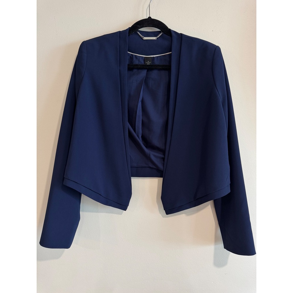 White House Black Market Cropped Open Front Blazer Women 4 Navy Blue Structured